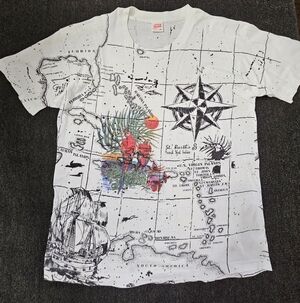 Vintage Anvil White Graphic Nautical Caribbean Map AOP T-Shirt Men's XL -USA